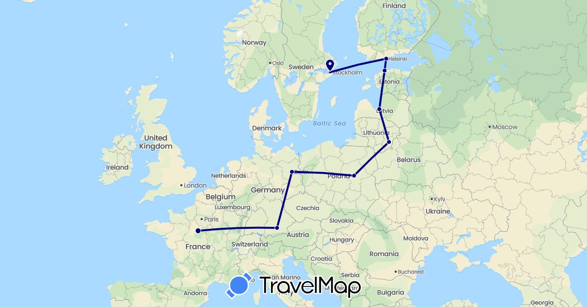 TravelMap itinerary: driving in Germany, Estonia, Finland, France, Lithuania, Latvia, Poland, Sweden (Europe)